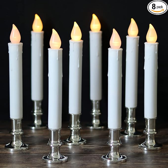 DRomance 9" Flameless Window Taper Candles Battery Operated with 8-Key Remote and Timer, 8 Pack White Christmas Holdiay Window Candles with Silver Holders, Suction Cups and AA Batteries Included-VerdiqueGarden