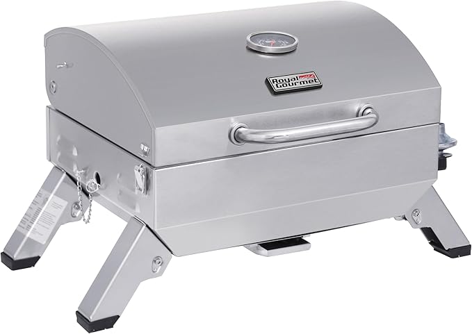 Royal Gourmet GT1001 Stainless Steel Portable Grill, 10000 BTU BBQ Tabletop Gas Grill with Folding Legs and Lockable Lid, Outdoor Camping, Deck and Tailgating, Silver-VerdiqueGarden