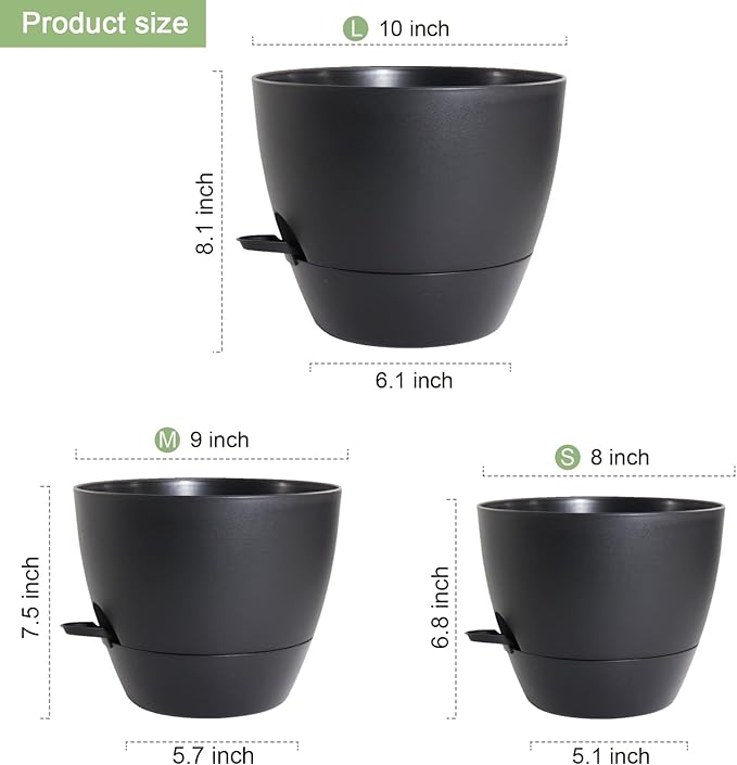 10/9/8 inch Medium Self Watering Pots, Plant Pots with Mesh Drainage Holes for Indoor Outdoor Garden Plants, Flower Pots with Removable Deep Reservoir, Set of 3 Plastic Planters, Black-VerdiqueGarden