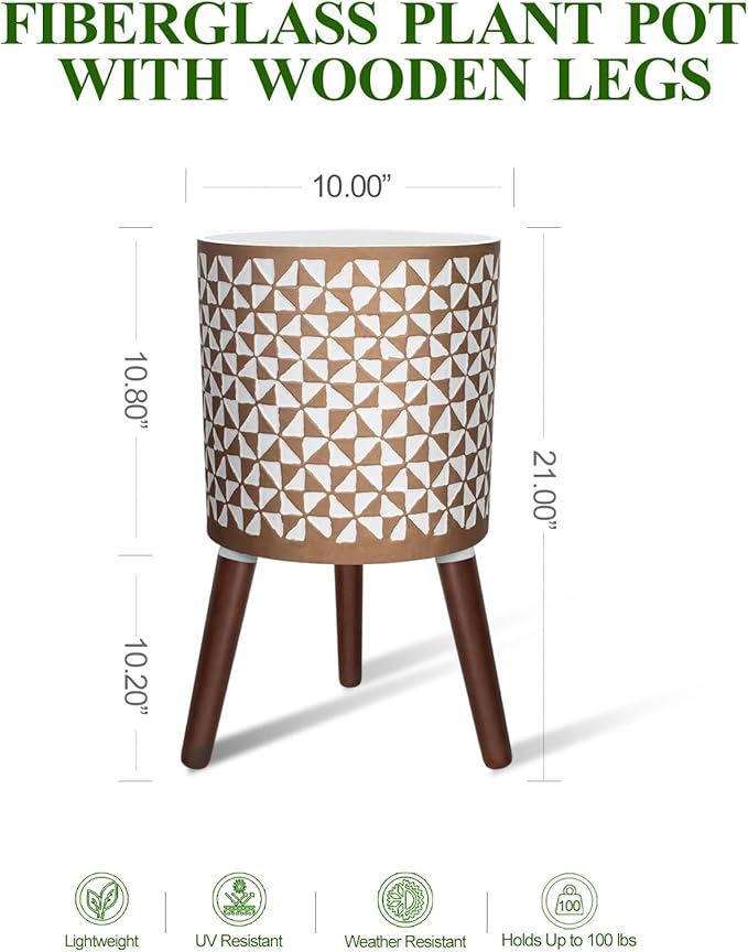 10 Inches Plant Pots with Wood Stand Large Modern Standing Planters for Indoor Mid Century Flower Pot with Drainage Holes Big White & Gold Planters for Living Room, Office, Garden or Balcony-VerdiqueGarden