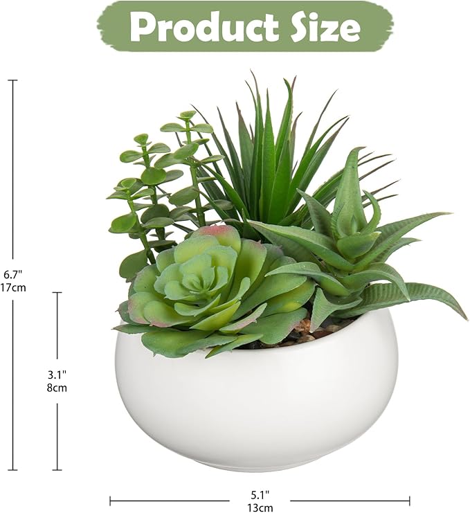 Fake Plants Artificial Succulents in Pots Faux Succulent Arrangement Potted Plant with White Ceramic Pot for Home Decor Modern Office Desk Bathroom Shelf Living Room Indoor Decoration-VerdiqueGarden