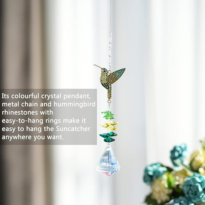 Rhinestones Hummingbird with Crystal Sun Catcher, Glass Window Hanging Ornament,Crystal Prism Suncatcher Outdoor Indoor Home Garden Party Decoration-VerdiqueGarden