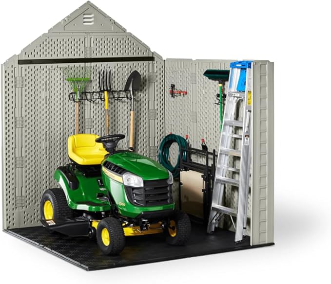 Rubbermaid 7 Foot by 7 Foot Weatherproof Outdoor Storage Shed for Garden Tools and Lawn Machinery Organization with Lockable Double Door Sandstone-VerdiqueGarden