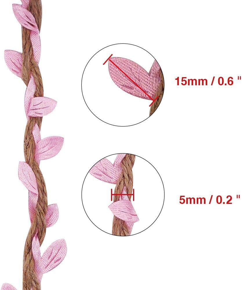 Burlap Leaf Ribbon 2 Rolls 66 Feet 5mm Jute Burlap Twine Vine with Artificial Leaves for Crafts Jungle Garland Party Wedding Garden Home Decoration Pink-VerdiqueGarden