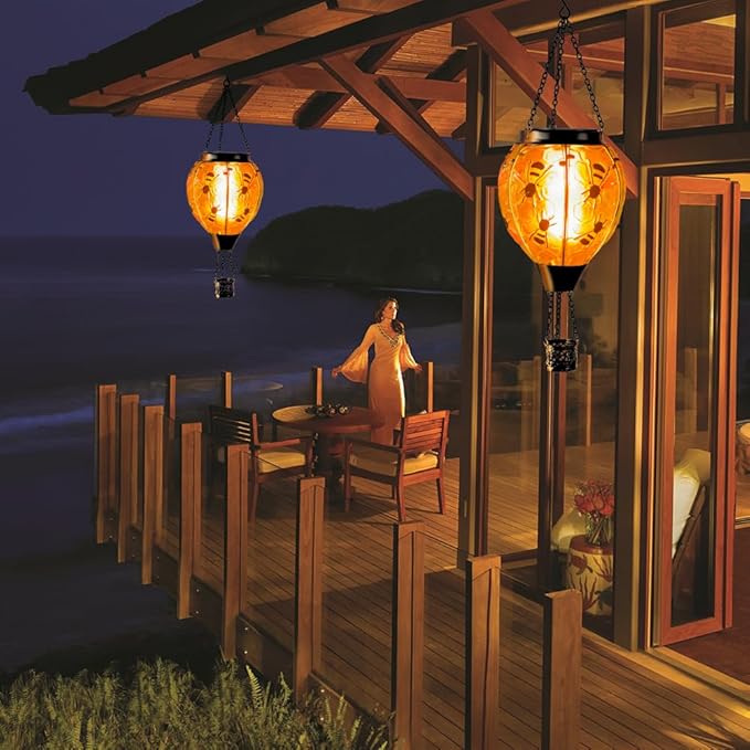 Starsoul Hot Air Balloon Solar Lantern Bee Glass Hanging Outdoor Hot Air Balloon Solar Flickering Flame Light Waterproof Garden Patio Yard Party Decorations-VerdiqueGarden