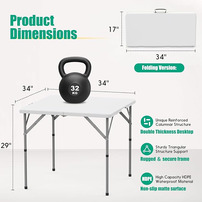 HLPB 34'' Square Folding Card Table, Fold-in-Half Portable Dining Table with Handle and Safety Lock, Foldable Plastic Dining Table Indoor Outdoor for Camping, Picnic and Party Event, White-VerdiqueGarden
