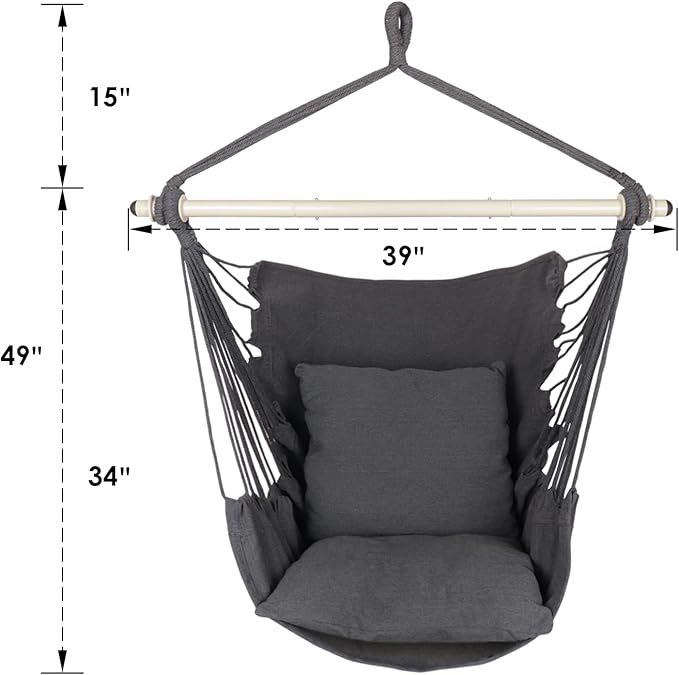Highwild Hammock Chair Hanging Rope Swing - Max 500 Lbs - 2 Cushions Included - Steel Spreader Bar with Anti-Slip Rings - for Any Indoor or Outdoor Spaces (Grey)-VerdiqueGarden