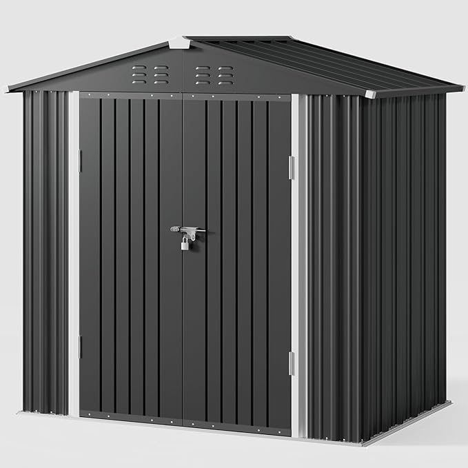 Gizoon Outdoor Storage Shed 6 x 4 FT, Galvanized Metal Garden Shed with Double Lockable Doors, Outdoor Storage Clearance for Backyard Patio Lawn-Dark Grey-VerdiqueGarden