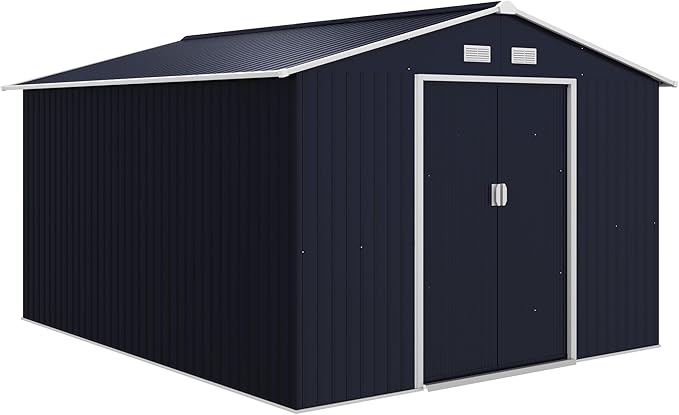 Outsunny 11' x 9' Outdoor Storage Shed, Garden Tool Metal Shed with Foundation Kit, Double Lockable Door, Air Vents and Sloping Roof, for Backyard, Patio, Lawn, Dark Gray-VerdiqueGarden
