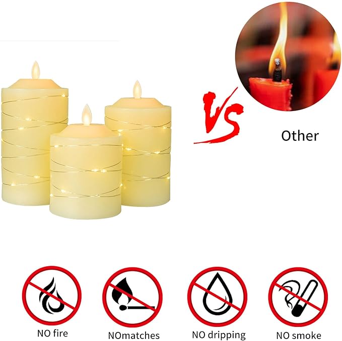 Battery Operated Flameless LED Candles: with Embedded String Lights, 3 Pack Flickering Electric Candle with 10-Key Remote Control for Seasonal Festival Celebration Real Wax(Batteries not Included)-VerdiqueGarden