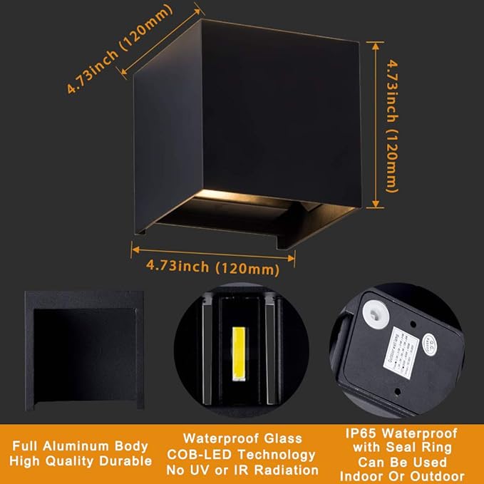 LANFU LED Aluminum Cube Square Wall Sconce Waterproof Outdoor Light Exterior Wall Lights fixtuers 20W 100-277V 2800K-3000K Not dimmable Warm Light 2LEDS Black-20W Outdoor Larger Version-VerdiqueGarden
