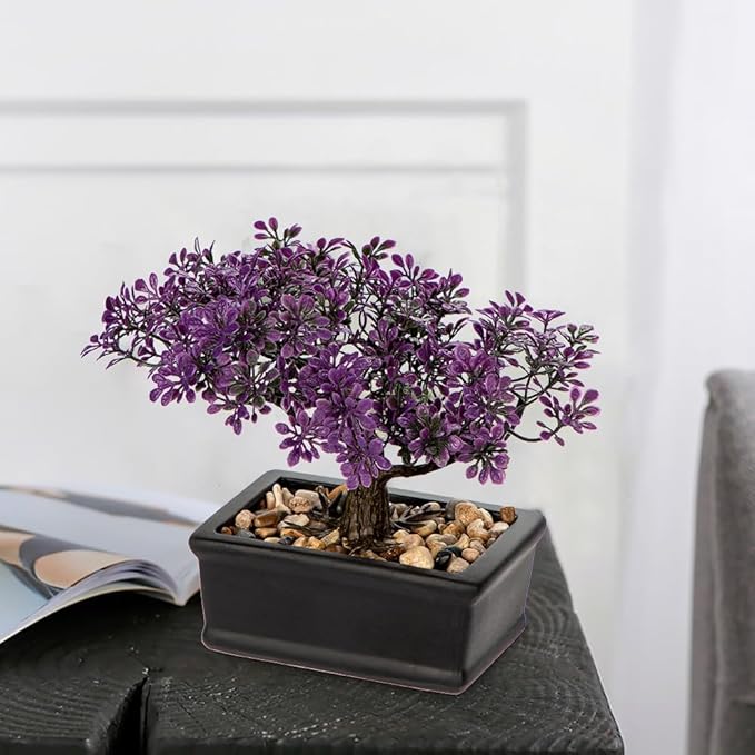 Artificial Bonsai Tree Juniper Faux Plants Indoor Fake Plants Decor with Black Ceramic Pots for Home Table Office Desk Bathroom Shelf Bedroom Living Room Farmhouse Decorations-Purple-VerdiqueGarden