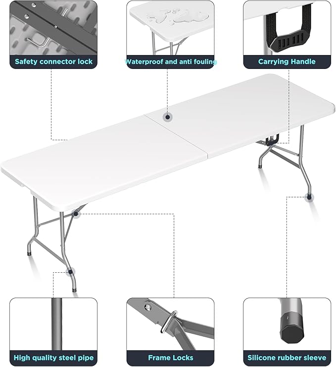 HLPB Folding Table Picnic Table, 8 ft Portable Camping Table with Handle and Safety Locks, Foldable Table Plastic Dining Table Indoor Outdoor for Camping, Picnic and Party-VerdiqueGarden