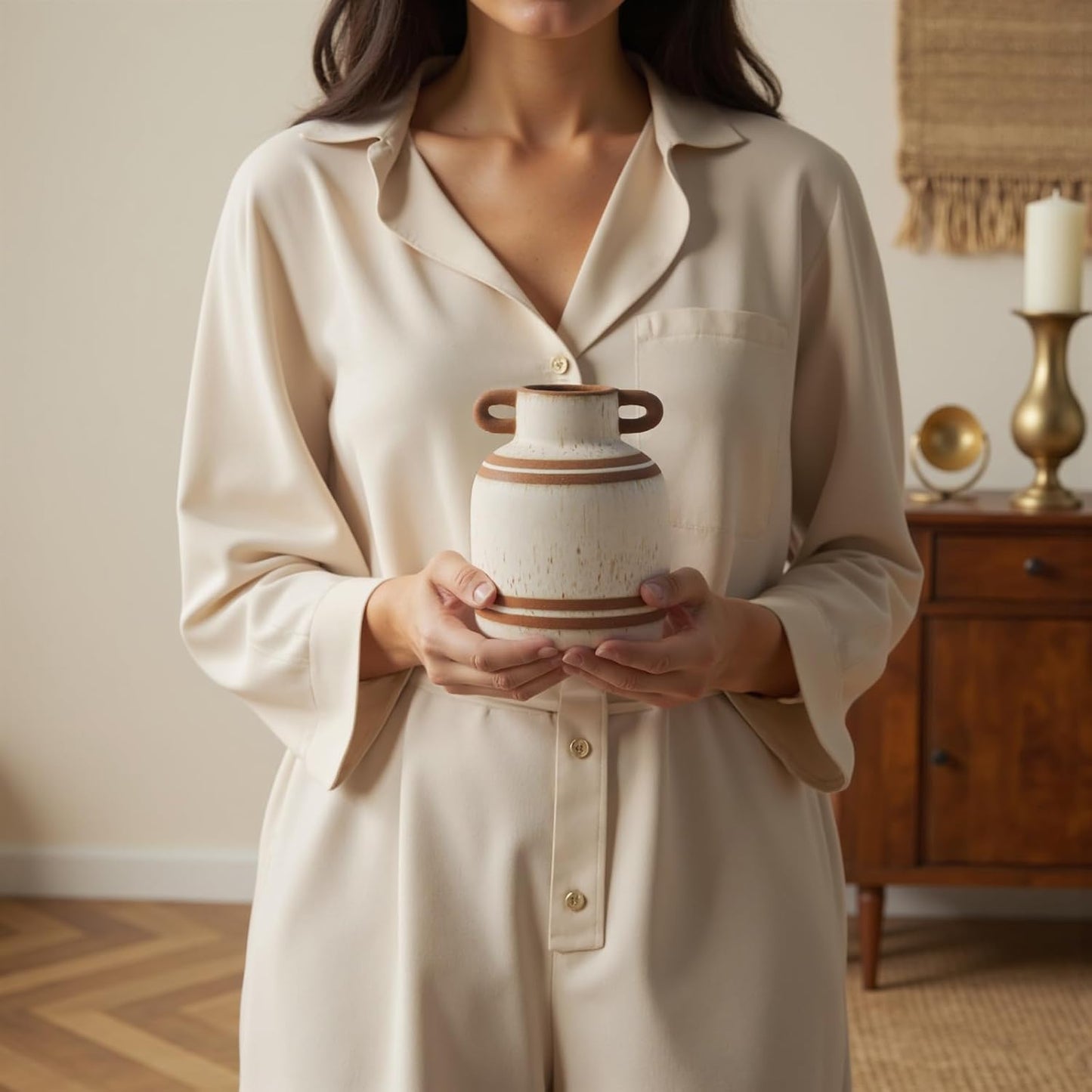 Rustic Farmhouse Ceramic Vase, Pastoral with 2 Ear Design, Boho Vintage Terracotta Vases for Bouquet、Fake Plants, Suitable for Home Decor, Shelf, Dining Table, Living Room, Mantle, Bathroom, 5.9 Inch-VerdiqueGarden