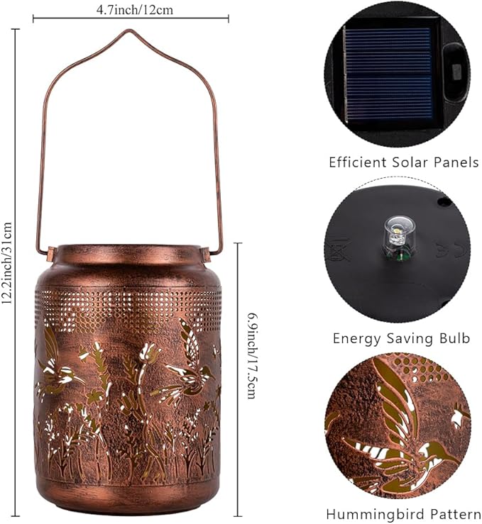 Hummingbird Solar Lanterns Outdoor Waterproof,Metal Garden Decor Hummingbird Gifts Hanging Solar Lanterns Outdoor Lights for Patio, Yard, Poch,Table Birthday Gifts for Women Mom-VerdiqueGarden