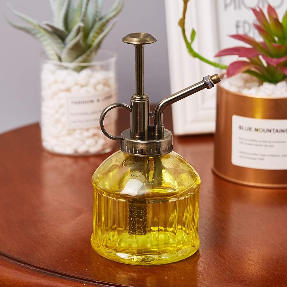 Glass Plant Mister Spray Bottle, 6.5" Tall Vintage Plant Spritzer Sprayer Mister, Succulent Watering Bottle with Top Pump, Small Glass Watering Can for Indoor Outdoor Houseplant - Yellow-VerdiqueGarden
