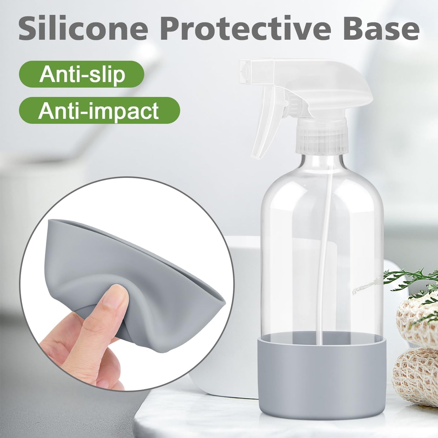 Glass Spray Bottles with Silicone Sleeve Protection, Empty 16 oz Refillable Containers, Reusable Spray Bottles with Adjustable Nozzle for Hair, Cleaning Solutions, 3 Pack Grey-VerdiqueGarden