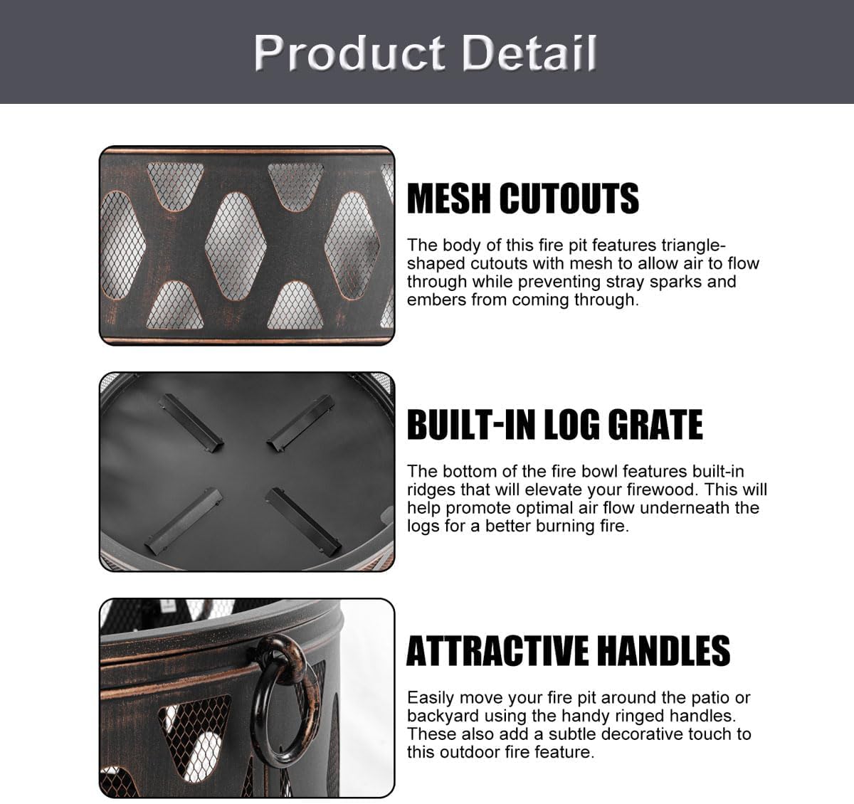 Breezz 26 Inch Wood Burning Fire Pit with Cooking Grill and Spark Screen, Outdoor Metal Round Firepit for Patio, Backyard, Bonfire Party, Camping and Garden-VerdiqueGarden