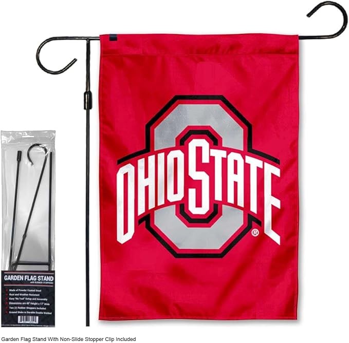 College Flags & Banners Co. Ohio State Buckeyes Red Garden Banner Flag with Flag Pole Stand Set-VerdiqueGarden