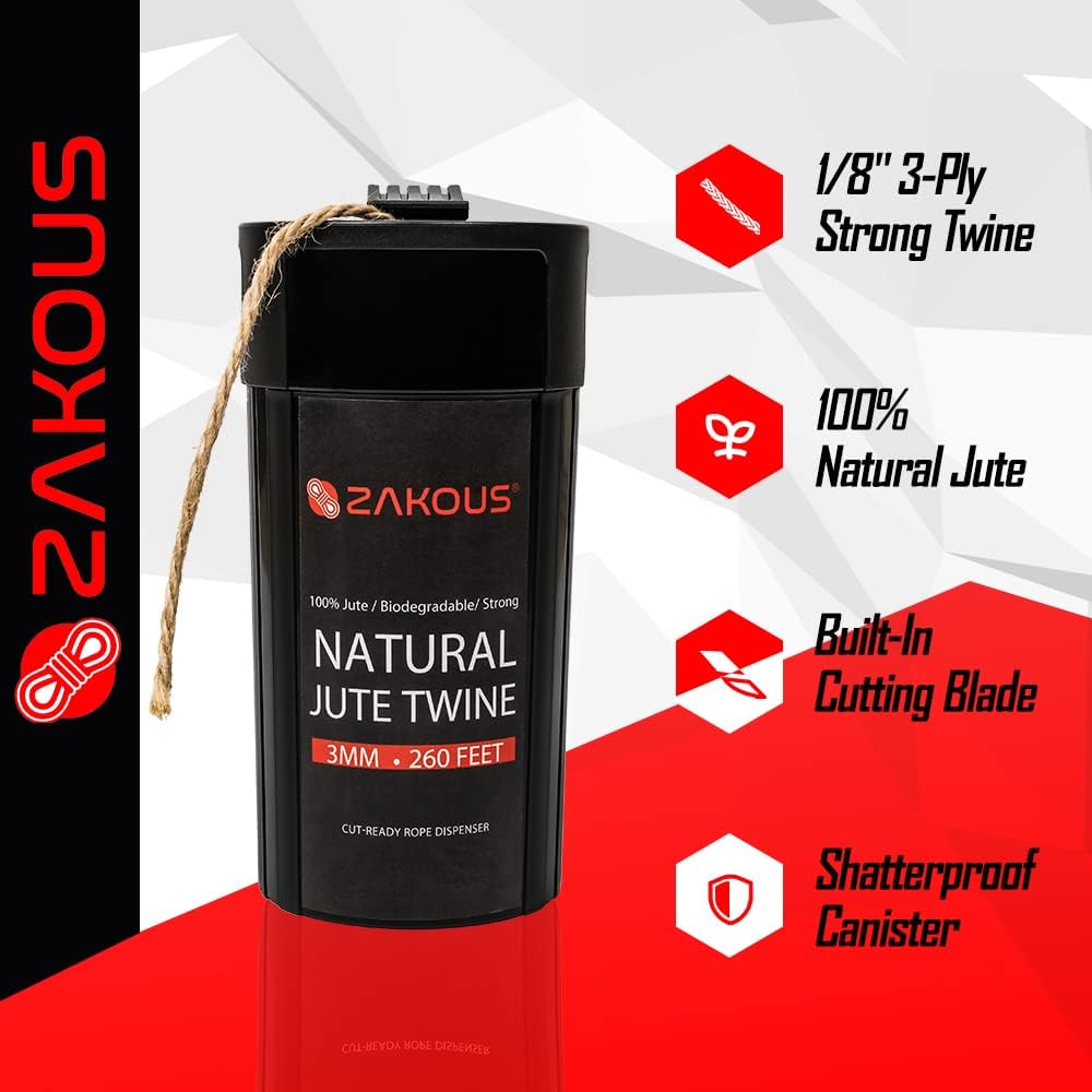 Cut-Ready Rope Canister with 260 Feet Non-Tangle Natural Jute Twine, 3MM Strong Twine String for Crafts, Gift Wrapping, Packing, Gardening and Wedding Decor(3mm x 260ft)-VerdiqueGarden