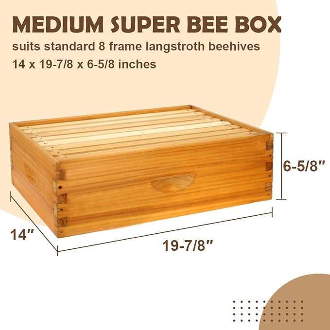 8 Frame Bee Hive Box, Langstroth Medium Super Bee Box Dipped in 100% Beeswax Include Beehive Frames and Waxed Foundation Sheets (Unassembled)-VerdiqueGarden