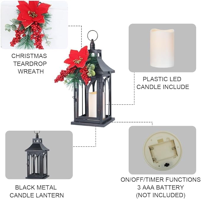 DECORKEY Decorations for Home, Decorative Led Candle Lantern Indoor Outdoor Decor, Metal Hanging Candle Holder with Xmas Teardrop Wreath and LED Candle for Table Centerpieces, Patio (Black)-VerdiqueGarden