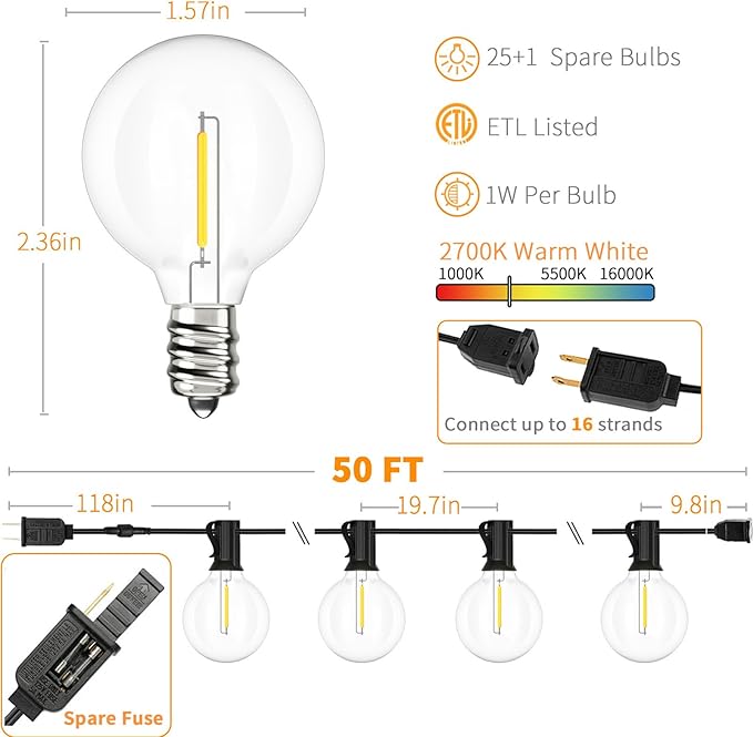 Svater Outdoor String Lights 50 FT, Patio LED Lights Outside with 26pcs Bulbs, Waterproof Shatterproof Hanging Globe Light Connectable for Bistro Cafe Backyard Balcony Warm White-VerdiqueGarden