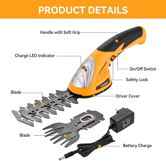 Hoteche Cordless Grass Shear & Hedge Trimmer 2-in-1 Handheld 7.2V Rechargeable Electric Shrub Clippers-VerdiqueGarden
