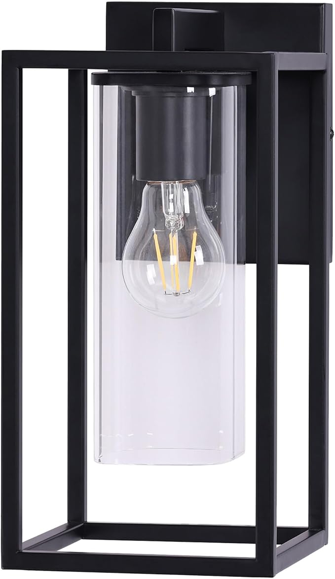 Pia Ricco Outdoor Wall Lights, Black Outdoor Wall Lantern with Square Clear Glass Shade, Waterproof Exterior Lighting Fixtures, Modern Front Porch Lighting for House, Garage, E26 Base, ETL Listed-VerdiqueGarden