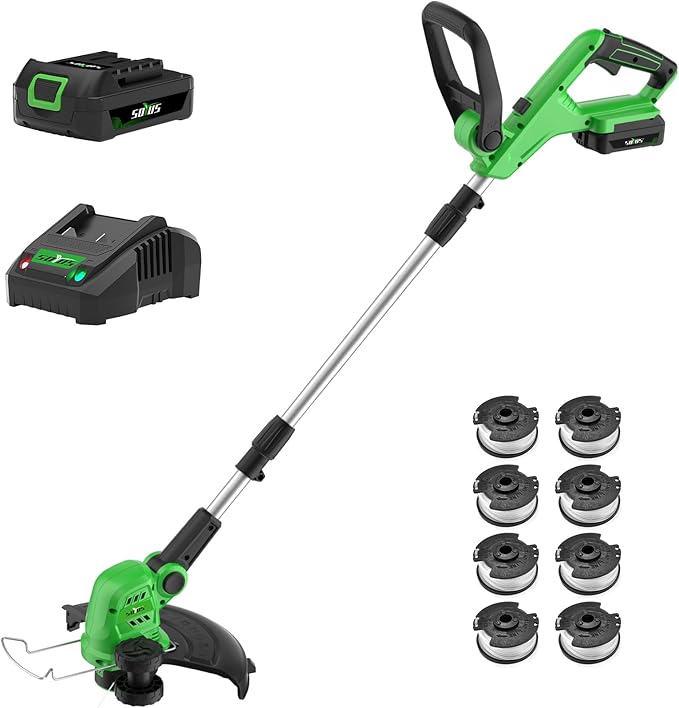 SOYUS Weed Wacker Cordless, 12 Inch String Trimmer Battery Powered with Battery and Charger, Lightweight Edger Trimmer with 8 Pcs Replace Spool Trimmer Lines-VerdiqueGarden