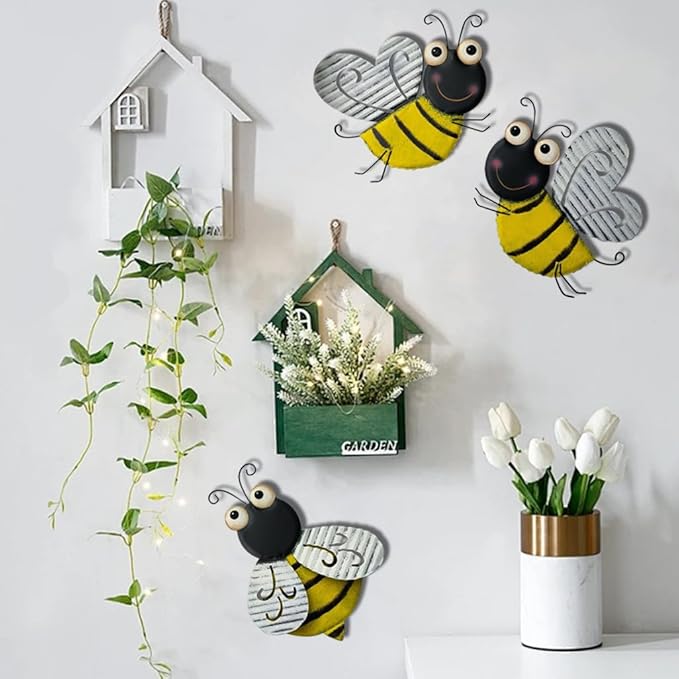 3 Pcs Metal Bee Wall Decor, Cute Bumble Bee Sculpture, Funny Animal Wall Decor - Yellow Bodies, Black Stripes, Large Eyes for Home Office Decor (Bee)-VerdiqueGarden