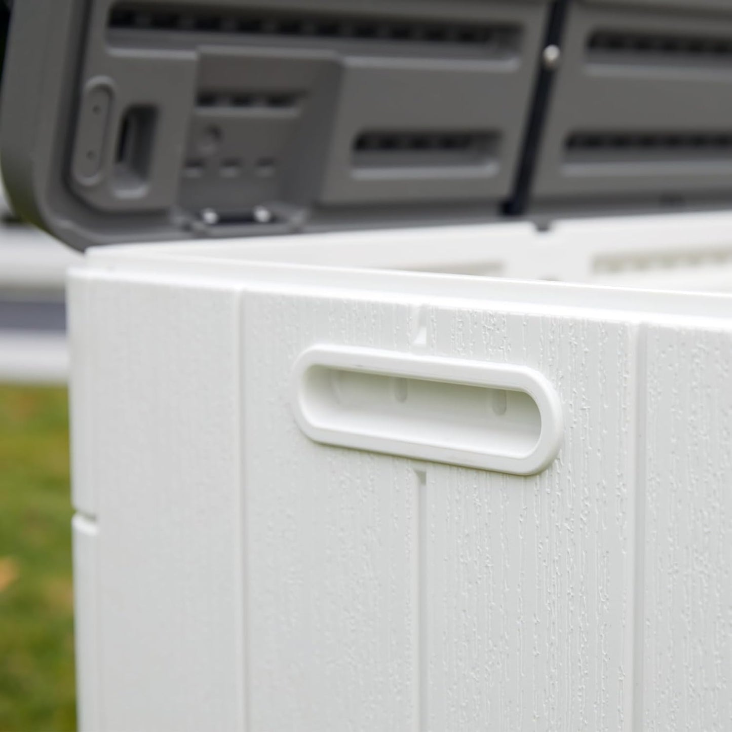 100 GAL Resin Deck Box - Lockable Waterproof Outdoor Storage Bench for Patio Cushions, Garden Tools & Pool Accessories - Wood-Look Texture, White-VerdiqueGarden