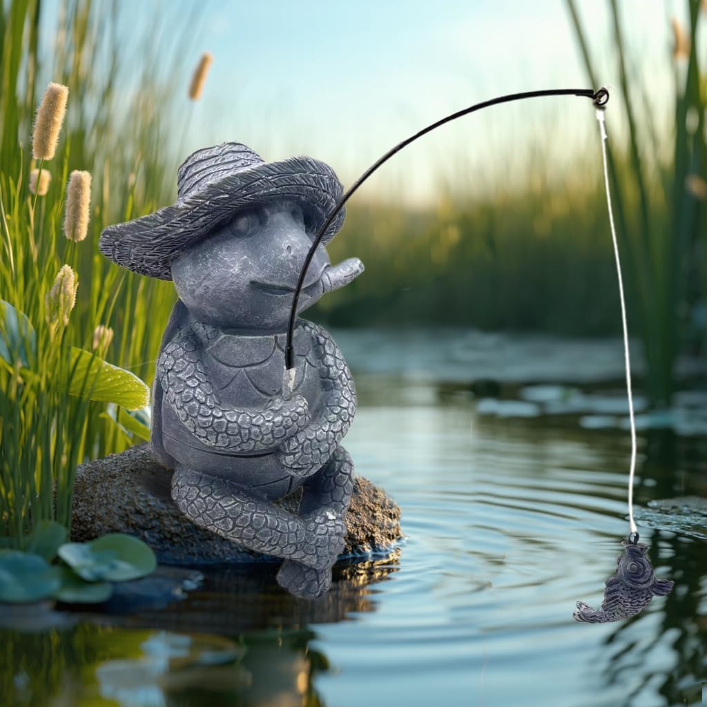 Tortoise Fishing Statue Garden Decor，9.8" Weatherproof Resin Tortoise Fishing Sculpture Decor for Fish Ponds, Koi Ponds, Waterfalls, Poolside Outdoor Gardens Resin Figurine for Indoor Outdoor Décor-VerdiqueGarden