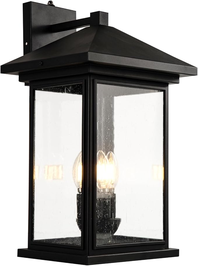 Extra-Large Outdoor Wall Sconce, Wall Lantern, Wall Light with Tempered Clear Seeded Glass, Matte Black Finish for Outdoor-VerdiqueGarden