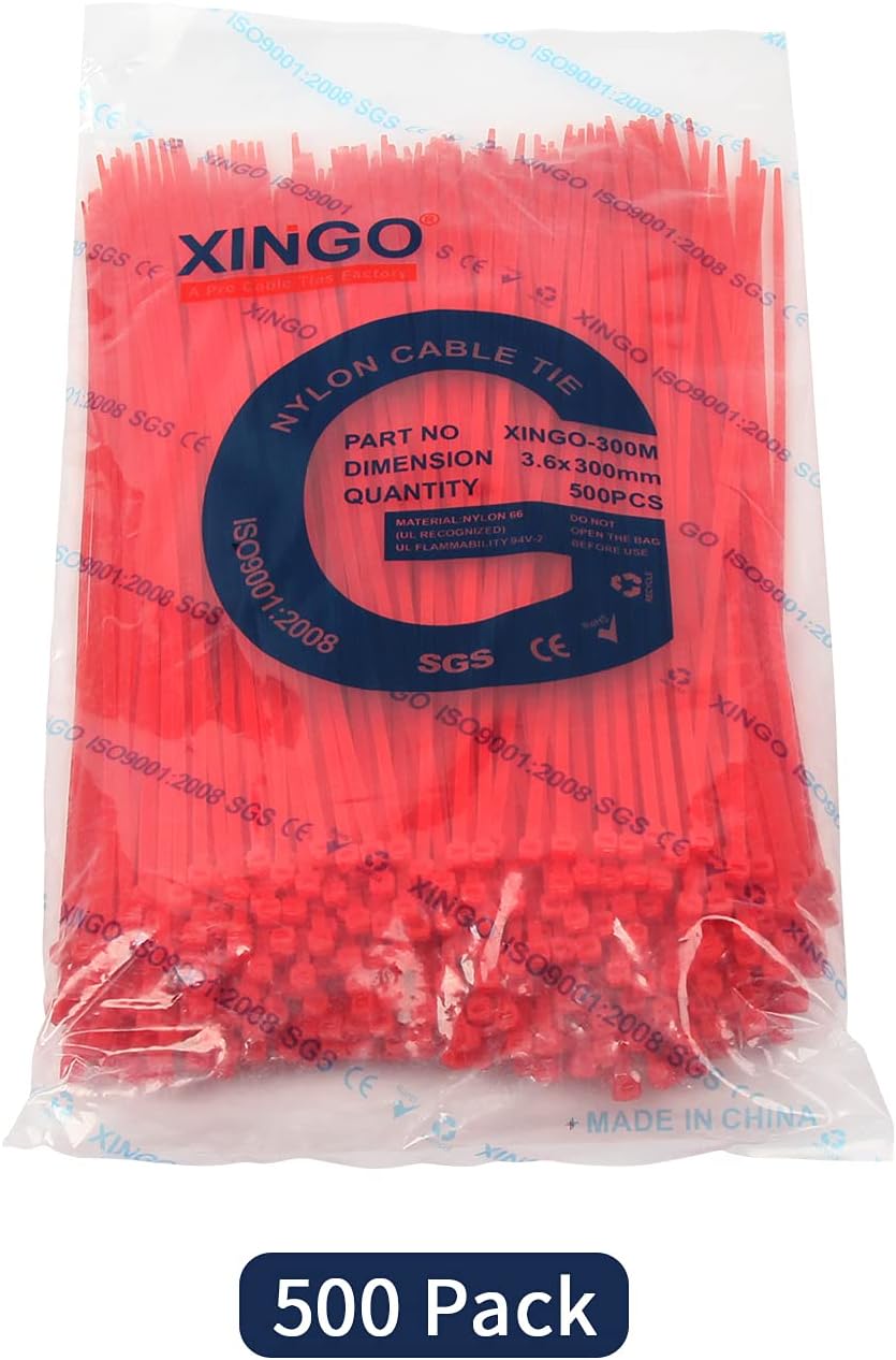 XINGO Nylon Cable Zip Ties Self Locking Plastic Wire Ties with 40 Lbs Tensile Strength for Indoor and Outdoor 12 Inch 500 Pack Red-VerdiqueGarden
