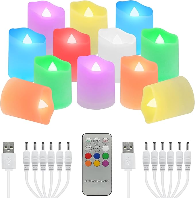 Flameless Tea Lights USB Recgargeable Candles, 12 Pack teaLights Candle Color Changing Flickering for Halloween, Garden, Home, Christmas Decorations-VerdiqueGarden
