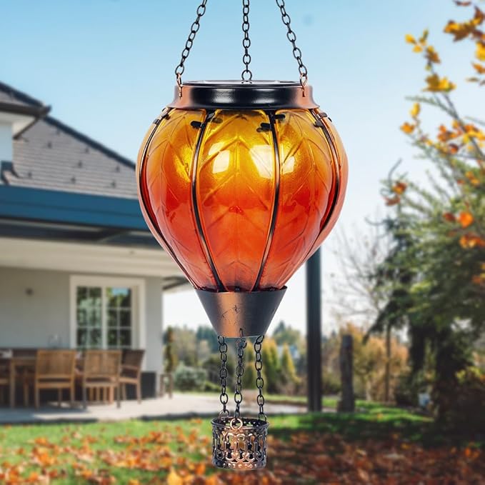 Starsoul Orange Solar Hot Air Balloon Lantern Glass Hot Air Balloon Solar Lantern with Flickering Flame Light Outdoor Solar Hanging Lights Waterproof for Garden Yard Patio-VerdiqueGarden