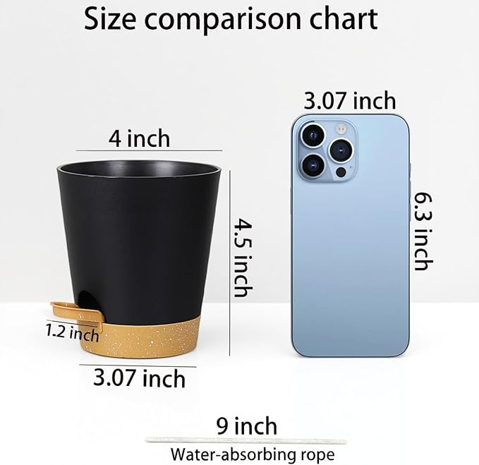 12 Pack 4 Inch Self Watering Plant Pots with Drainage and Saucers，Plastic Flower Pots for Indoor and Outdoor Plants, Nursery Planters for Houseplants and Herbs Black Brown, 4 inch 12pcs-VerdiqueGarden