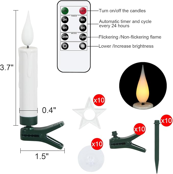 DRomance Christmas Tree Flameless Taper Candle Lights Battery Operated with 10-Key Remote and Timer, 10 Pack Plastic 3D Wick Flickering LED Taper Candles Multi-Using Home Garden Holiday Decor 3.4"-VerdiqueGarden