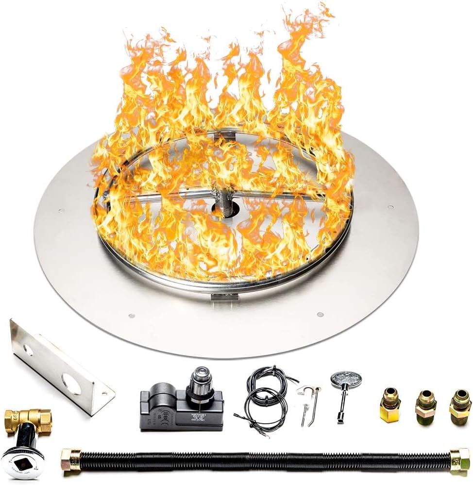Stainless Steel Fire Pit Burner Pan & Ring Standard Kit with Spark Ignition for Natural Gas, 18-Inch Pan, 12-Inch Ring, 90,000 BTU Max-VerdiqueGarden