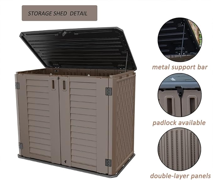 Horizontal Resin Storage Shed, 34 Horizontal Cu.ft Outdoor Storage Cabinet Waterproof for Garden/Backyard/Home/Pool, Lockable(34 Cu.ft-Brown)-VerdiqueGarden