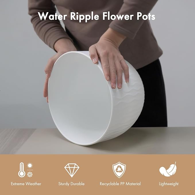 12 Inch Wide Water Ripples Flower Pots for Indoor or Outdoor Plants, Large Plant Pots with Drainage Holes & Saucer, Plastic Planters Set for Garden & Home Decor (White with Black Speckles)-VerdiqueGarden