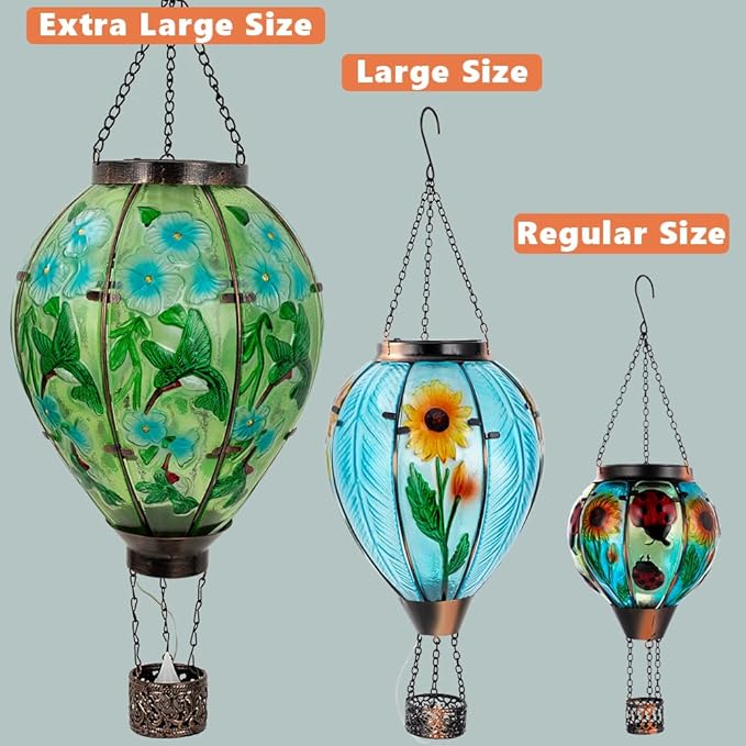 Starsoul Extra Large Solar Hot Air Balloon Lantern with Flame Hummingbird Glass Outdoor Hanging Hot Air Balloon Solar Light Waterproof Garden Patio Yard Party Decorations-VerdiqueGarden