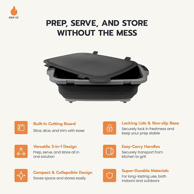 Drip EZ Collapsible BBQ Prep Tubs 3-Piece Set- For Meal Prep Marinating Food Storage - Includes Cutting Board & Lid - (1) JR - Orange + (1) OG - Orange + (1) XL - Black-VerdiqueGarden