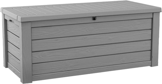 Keter Westwood 150 Gallon Resin Large Outdoor Storage Box for Patio Furniture, Outdoor Cushions, Garden Tools and Pool Floats, Light Grey-VerdiqueGarden