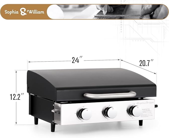 Sophia & William 22" Flat Top Grill with Lid & Ceramic Coated Cast Iron Pan, 3-Burner Portable Tabletop Gas Propane Griddle for Outdoor, BBQ, Camping & Tailgating Barbecue, 24,000 BTU-VerdiqueGarden