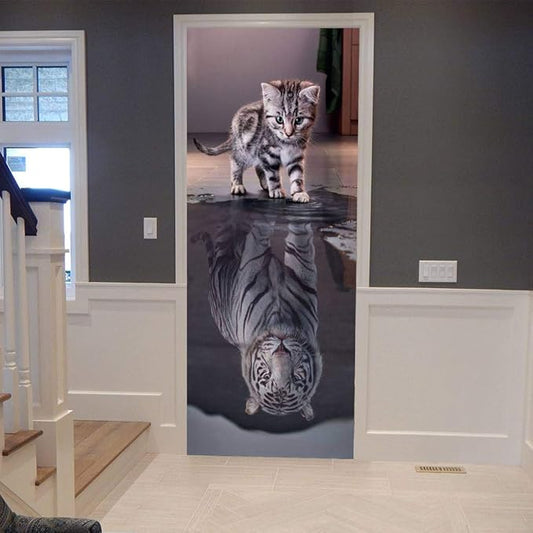 3D Cat to Tiger Transformation Door Sticker - Premium PVC, Matte Finish, White, Contemporary Style - Peel & Stick, Waterproof, Removable - 35.4" x 78.7" (2 Pieces) - For Doors, Walls-VerdiqueGarden