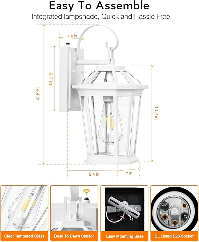 VIANIS Outdoor Porch Lights - Dusk to Dawn Exterior Wall Lights, 100% Anti-Rust Aluminum Waterproof, White Sconce Lanterns for Garage-VerdiqueGarden