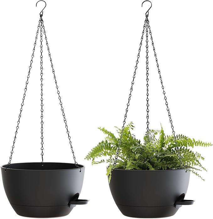 12 Inch Hanging Baskets 2 PC with Chains, Self-Watering Hanging Planters for Indoor Outdoor Plants, Plastic Hanging Flower Pots,Black-VerdiqueGarden
