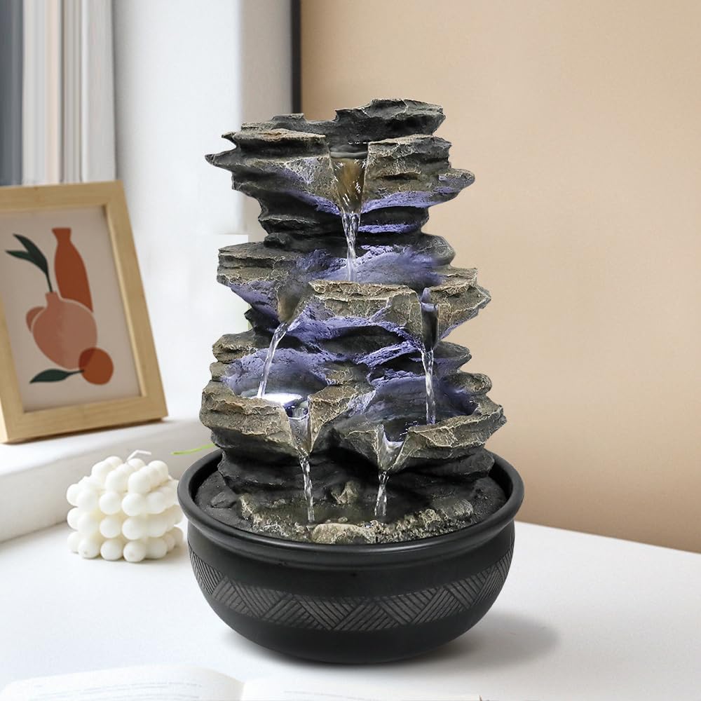 15.7" High Rock Cascading Tabletop Fountain, Zen Meditation Indoor Waterfall Feature with LED Light for Home Office Bedroom Relaxation-VerdiqueGarden